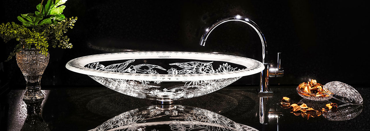 スラヴィアクリスタル：マルゲリータ：高級洗面ボウル：高級洗面器：手洗い器：おしゃれ：美しい：ピンク：バラ：