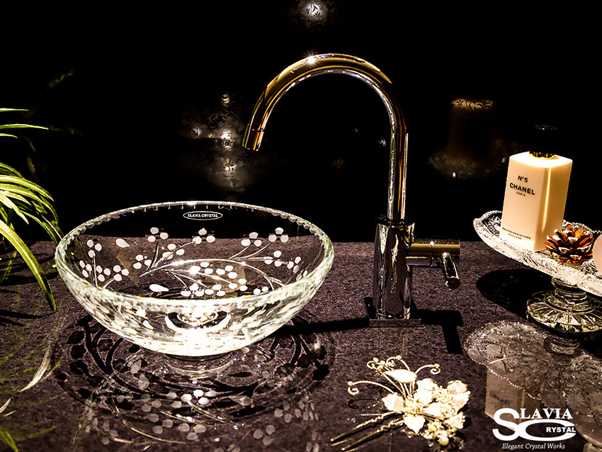 スラヴィアクリスタル　ミミ　クラッシック　サクラ洗面ボウル　｜クリスタル｜ガラス｜手洗器｜手洗いボウル｜洗面器｜小型｜コンパクト｜トイレ｜玄関｜スペース｜デザイン｜おしゃれ｜豪華｜美しい｜スラビアクリスタル｜小さめ：｜