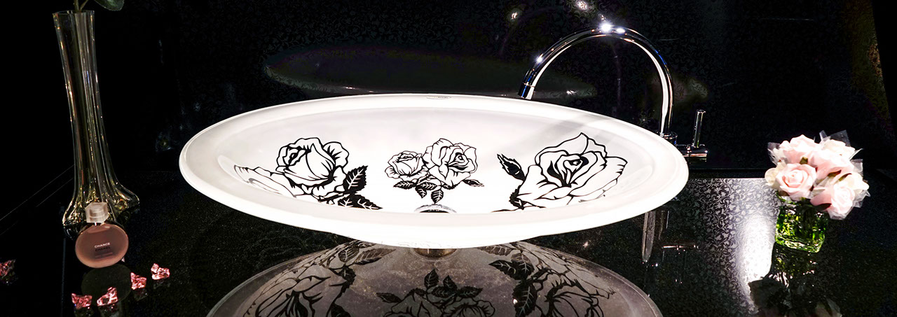 スラヴィアクリスタル：ロザンナ：高級洗面ボウル：高級洗面器：手洗い器：おしゃれ：美しい：ピンク：バラ：