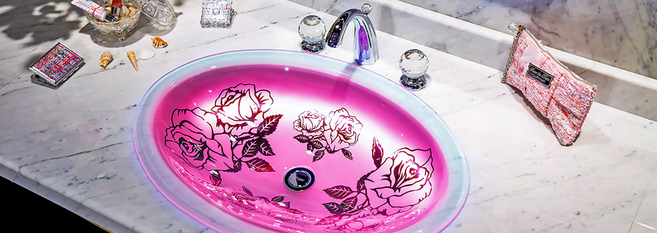 スラヴィアクリスタル：ロザンナ：高級洗面ボウル：高級洗面器：手洗い器：おしゃれ：美しい：ピンク：バラ：
